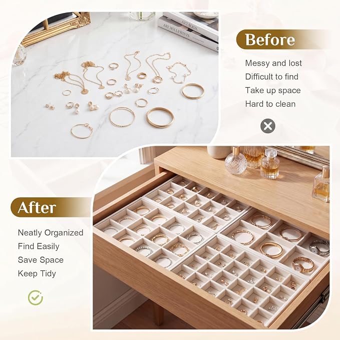 Unittype Set of 4 Stackable Jewelry Organizer Tray for Drawer Inserts Velvet Necklace Earring Bracelet Ring Holder Jewelry Display Storage Box for Bangle Stud Necklace Ring(6/12/15/24 Grid,Beige)