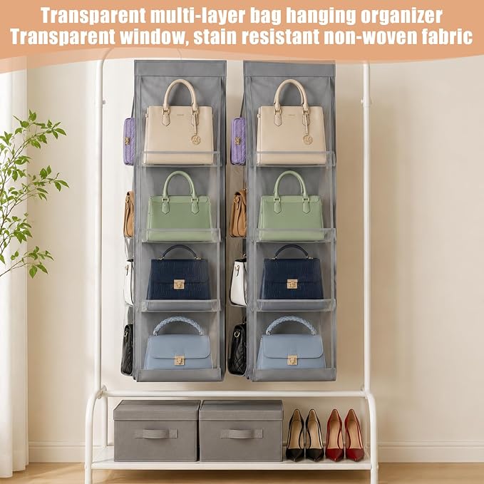 3 Pack Hanging Handbag Organizer for Closet, Purse Organizer For Closet, Handbag Storage Holder with 8 Clear PVC Pockets, Sturdy Hook for Wardrobe Door and Wall, Space Saving Gray