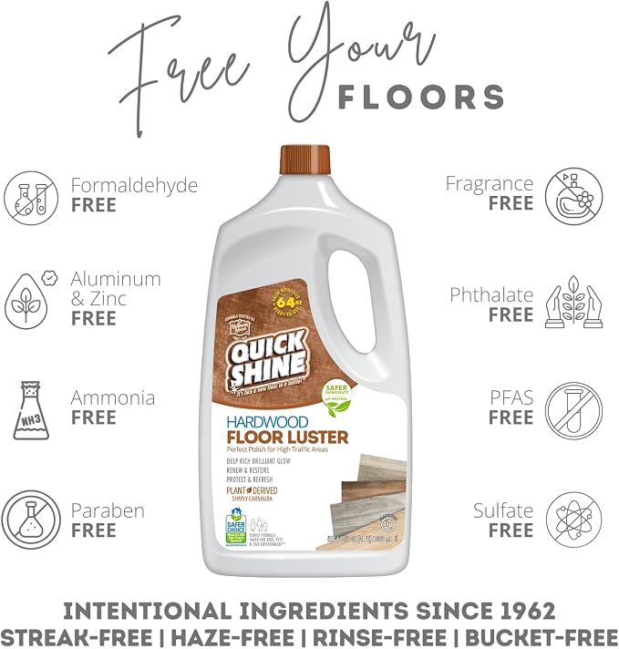 Quick Shine Hardwood Floor Luster 64 oz, Natural Looking Shine | Plant Derived Carnauba Polish, Renew & Protect, Streak & Haze Free, Non-slip, pH Neutral, No PFAS, EPA Safer Choice