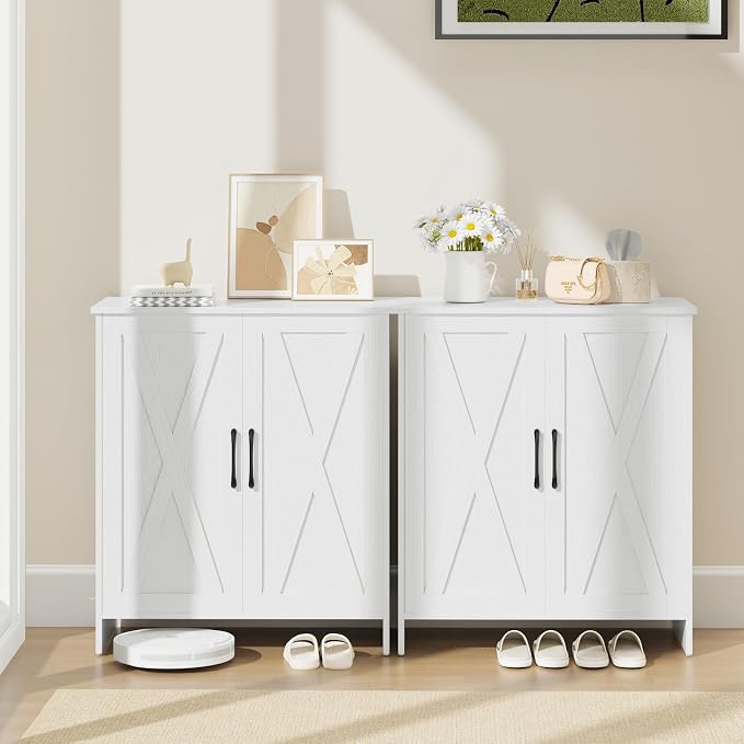 Farmhouse Shoe Storage Cabinet with Doors, 5-Tier Wooden Shoe Cabinet Organizer with 3 Adjustable Shelves, Shoe Rack Shoe Cabinet for Entryway, Hallway, White