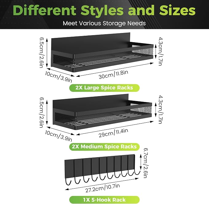5 Pack Strong Magnetic Spice Rack for Refrigerator on Oven, Movable Kitchen Organizers and Storage for Spices Shelf, Wall Mounted Spice Rack Metal Fridge Shelf for Kitchen in Black