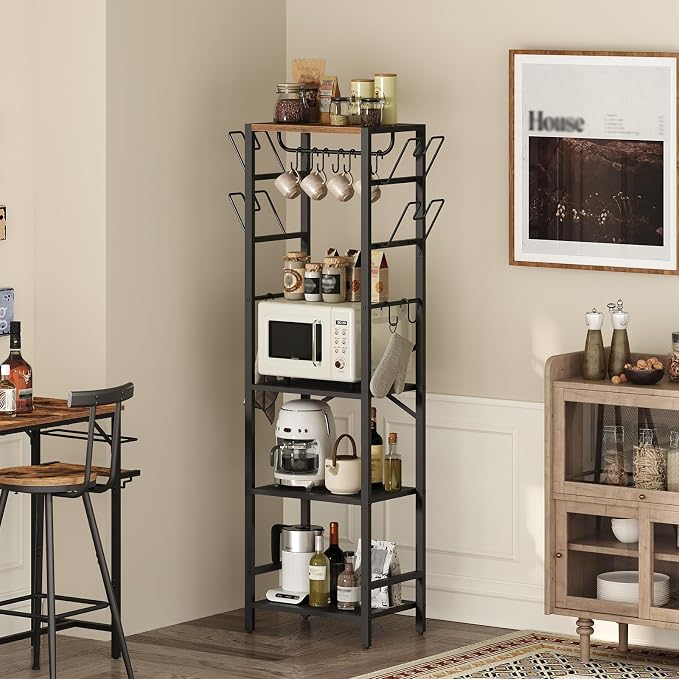 MAHANCRIS 4-Tier Pot Rack, Pots and Pans Organizer for Kitchen Corner, Kitchen Storage Rack with U-Shaped Lid Holders, Freestanding Cookware Stand, Rustic Brown and Black POHR3001