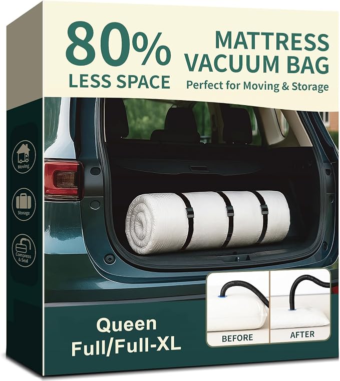Memory Foam Mattress Vacuum Bag for Moving and Storage – Heavy Duty Compression Bag with Straps, Vacuum Bag for Memory Foam Mattress (Queen/Full, 3 Straps)