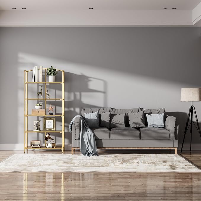 Crofy 5-Tier Wider Foldable Bookshelf, Gold Frame & Walnut Shelves | Collapsible Portable Storage Organizer; Sturdy Walnut Finish Shelves; Ideal for Living Room & Home Office