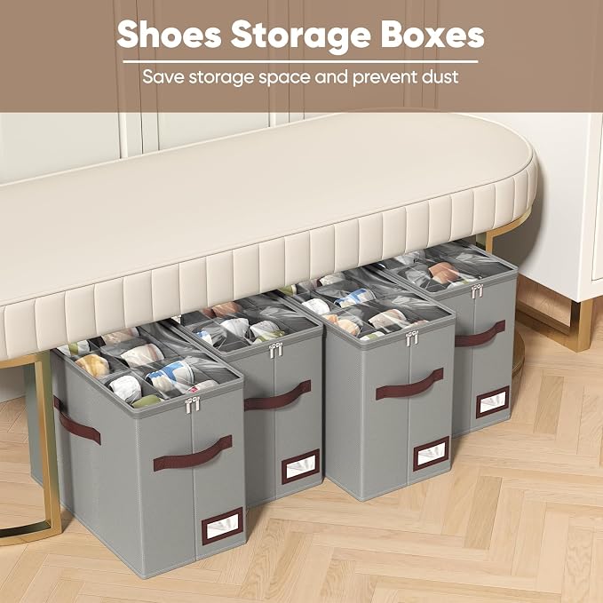 OIAHOMY 4 Pack Shoe Organizer for Closet, Foldable Shoe Storage Bins with Adjustable Dividers, Stackable Oxford Cloth Sneaker Boxes for Entryway Bedroom, Fits Up to 32 Pairs, Grey