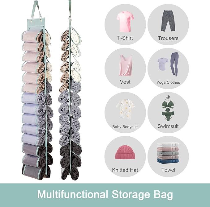 DHSFKBE Legging Organizer Storage, T-Shirt Hanging Closet Hanging Clothes Organizer with 26 Roll Compartments for Yoga Pants, Tank Top, Towel, Underwear, Shirt (Grey)