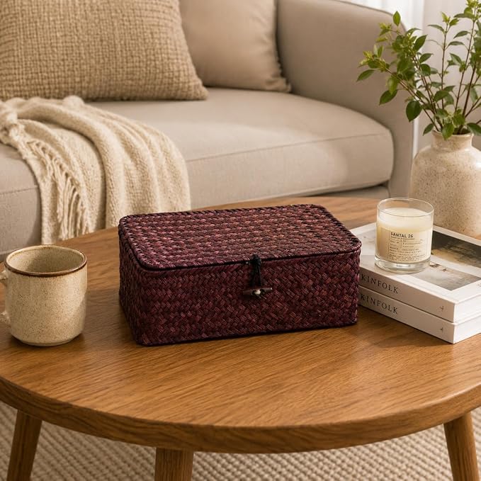 Wicker Basket with Lid, Natural Seagrass Storage Baskets for Organizing, Woven Basket for Storage, Decorative Boxes Bins with Lids Home Organizer Decor (Red, 9.05" x 5.11" x 3.34")