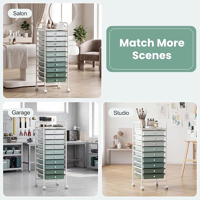 GOFLAME 10-Drawer Rolling Storage Drawer Cart, Utility Cart with Removable Drawers & Metal Frame, Mobile Art Craft Drawer Cart with Lockable Wheels for Home, Office, Studio, School, Green Gradient