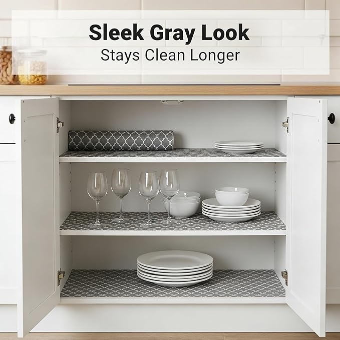 Coavas Shelf and Drawer Liner, Non Slip Extra Grip Non Adhesive Waterproof Thickened Cabinet Mat, Easy Cut for Kitchen Pantry Bathroom Dresser Cupboard (Gray, 17.5IN x 10FT)