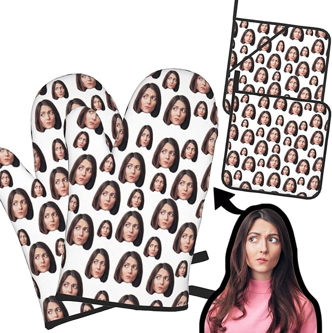 Custom Oven Mitts and Pot Holders Personalized with Your Face, Baking Gifts for Women for Kitchen Cooking, BBQ, Grillin-Style2, 2 Oven Mitts+ 2 Pot Holders