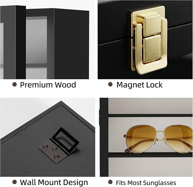 TJ.MOREE Sunglass Organizer Wall Mounted Glasses Holder Display Case 5 Tier | 13 x 15 inches Wooden Storage Box for Multiple Pairs Eyeglasses Sports Sunglasses