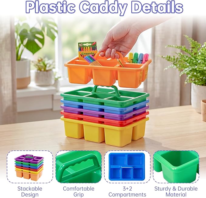 6 Pack Multiuse Caddy Organizer - Classroom Caddy with Handle & 5 Compartments, Portable Plastic Table Caddies Holder for Teacher, Desk, Art, School Supply Storage for Markers, Crayons
