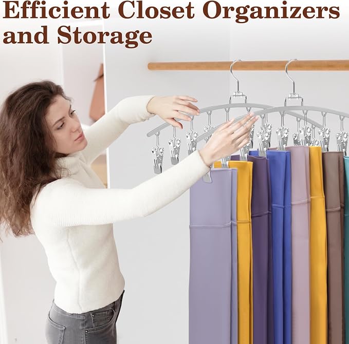 4 Pack Legging Organizer for Closet, Metal Gym Clothes Organizer w/40 Clips Holds 40 Leggings, Scarf Hangers Space Saving, Closet Organizers and Storage, Room Organization Essentials, Grey