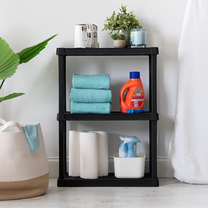 IRIS USA 3-Shelf Light Duty Plastic Storage Shelves, 150lb Capacity, 33" H x 24" W x 12" D, Medium Modular Shelving Unit Storage Organizer for Bathroom, Laundry, Garage & Home, Storage Rack - Black