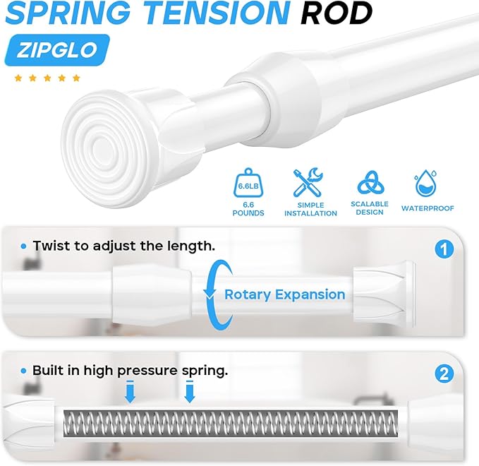 Spring Tension Curtain Rods 17-28 Inch White 2 Pack | No-drill & tool-free setup. Fits windows, kitchens, doorways. Rust-resistant, great for light curtains.