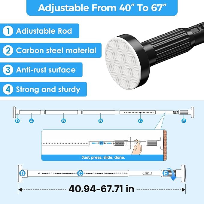 AIZESI 41-67 Inch Heavy Duty Tension Curtain Rod - No Drilling, Adjustable, Rust-Resistant for Outdoor, Living Room, Window, Bathroom (Black, 41" to 67"|2PACK)