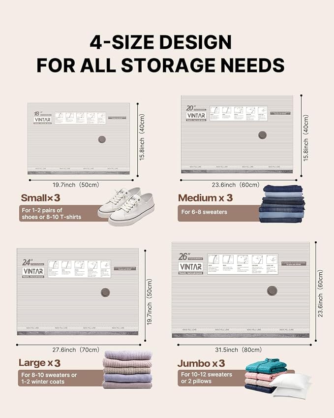 Vacuum Seal Bags for Clothing Travel with Rechargeable Cordless Pump, VINTAR 12 Pack Space Saver Vacuum Storage Bags(3J+3L+3M+3S), Compression Packing Bags for Luggage and Suitcase