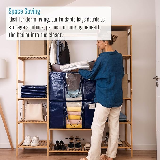VENO 10 Pack Moving Bags with Clear Window, Heavy Duty Storage Bins with Lid, Around Handles, Tag, Zippers, Extra Large Totes Packing Moving Boxes Supplies for College Dorm Clothes (Blue, 10 Packs)