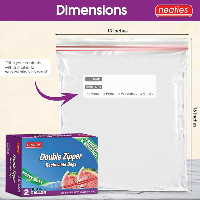 Neaties 2 Gallon Resealable Bags – XL Heavy Duty Freezer Bags with Dual Zipper – 13x16" Extra Large with Writable Space for Kitchen or Home Storage – BPA-Free Food Grade Plastic – 100 Pack