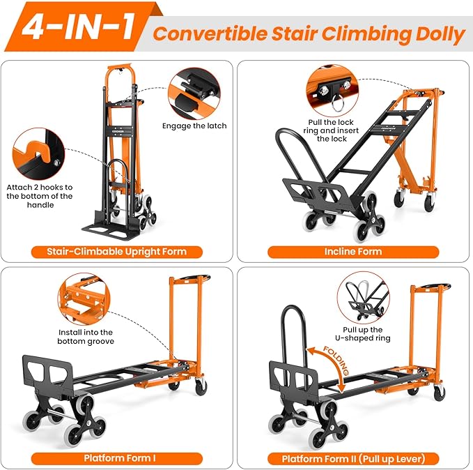 4-in-1 Hand Truck Dolly Heavy Duty Industrial Convertible, 1000 LBS Stair Climbing Cart Utility Cart Converts from Hand Trucks Dolly to Platform Cart Folding Stair Climbing Cart (Orange)