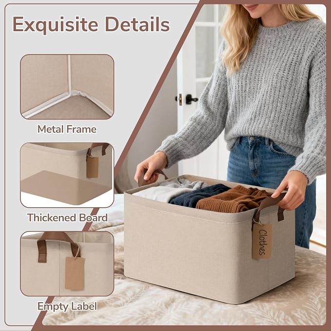 CHICVITA 4 Pack Large Storage Baskets for Shelves, Collapsible Towels Organizer Bins with Metal Frame, Closet Organizers and Storage Basket for Toys, Blankets, 16.8" x 11" x 9.8", Brown