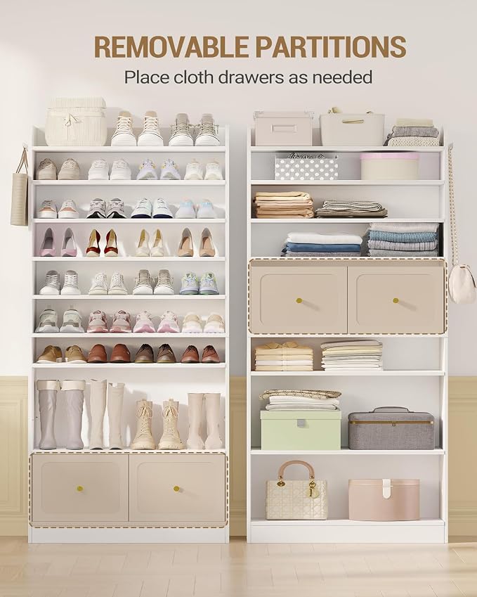 Hzuaneri Shoe Storage Cabinet, 10 Tiers Shoe Cabinet with 2 Cloth Drawers, Wooden Freestanding Shoes Organizer with 2 Hooks, 40-45 Pairs, Shoes Cubby Organizer for Entryway, White SR52903MI