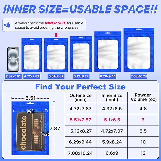 100 PCS Resealable Mylar Bags with Frosted Clear Window Packaging Bags Foil Pouch Zipper Bag for Food Self Sealing Storage Supplies (5.51x7.87, Blue)