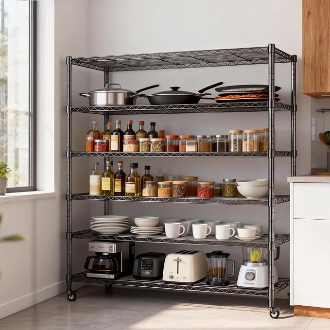 AIRAJ 36”W Wire Shelving with Wheels | 5 Tier Storage Shelves | Rolling Wire Rack Adjustable Layer Height | 1750 LBS Metal Shelving | Garage Shelving Units and Storage | | Indoor/Out | 36”W×14”D×73”H