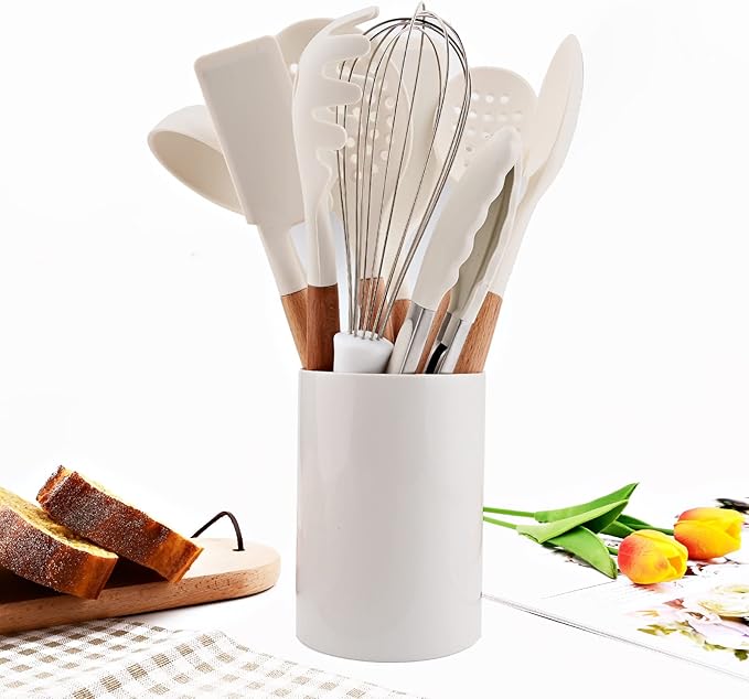11pcs Silicone Cooking Utensils Spatula Set with Wooden Handle, White Kitchen Gadgets Set for Nonstick Cookware, Include Holder Storage Bucket.