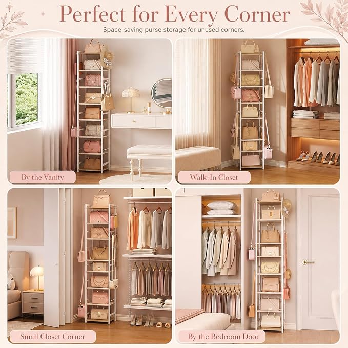 8-Tier Narrow Purse Organizer for Closet, Tall Vertical Purse Rack for Small Spaces, Corner Handbag Storage Display Shelf with Adjustable Fabric Shelves & 8 Hooks for Small & Medium Tote Bags, Bedroom