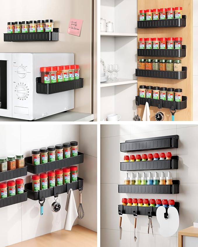 Nieifi Spice Rack Wall Mount, 4 Pack, Black, 2 Inch Depth, Screw or Adhesive Installation, Spice Rack Organizer for Small Spice Jars, Suitable for Kitchen Cabinet or Pantry Door