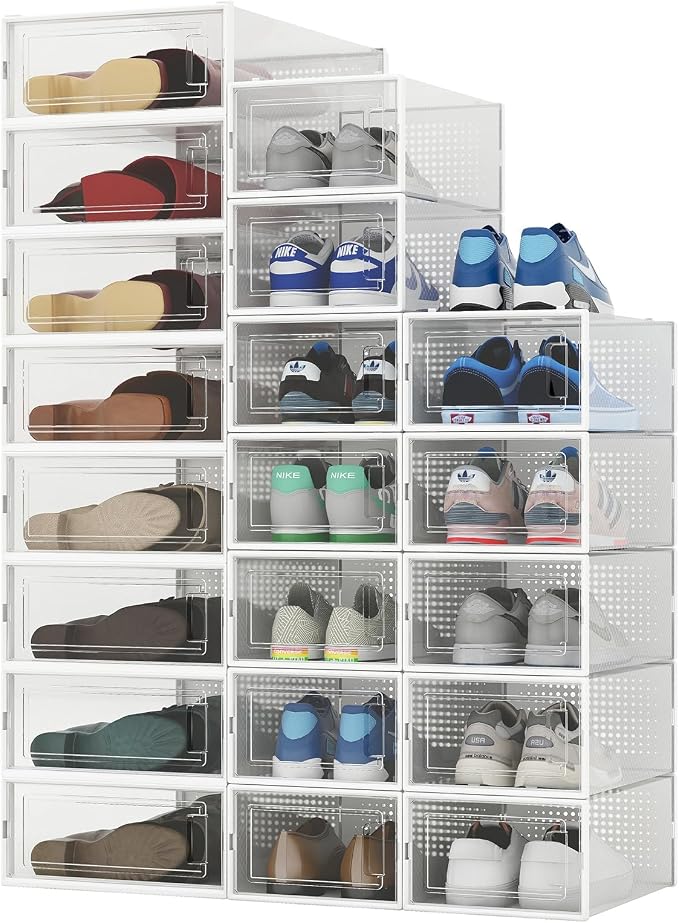 8-Piece Boot and 12-Piece Shoe Storage Box, Stackable Clear Plastic Shoe Box, Space-Saving Shoe Organizer for Boots, Sneakers, and High Heels, Clear