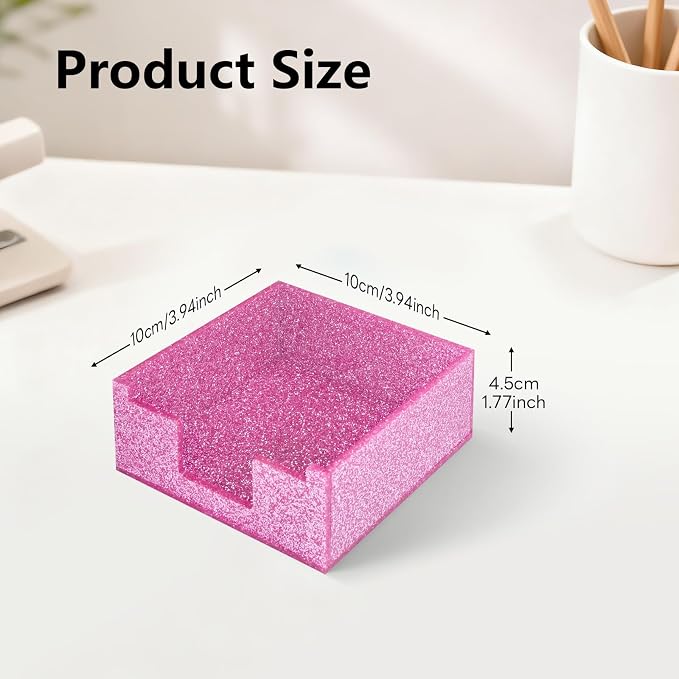 Acrylic Sticky Note Holder 4x4in Tray for Desk, Rose Pink Glitter | Sparkling glitter acrylic tray, fits 3x3 sticky notes, compact organizer for office school and home