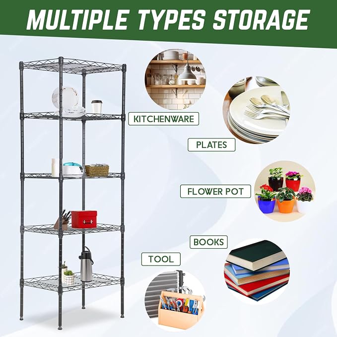 PayLessHere 5-Tier Adjustable Wire Shelf 12" W x 17" D x 48" H Max Load 750 lbs, Easy Assembly, Versatile Storage Solution, Durable and Stable for Home and Office,Black