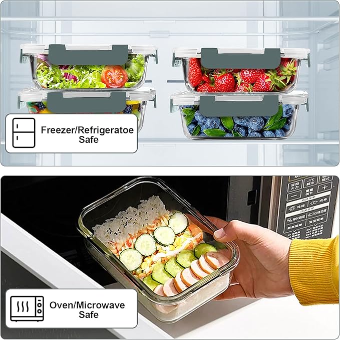 VERONES 12 Packs and 10 Pack 22OZ Glass Food Storage Containers Set, Glass Meal Prep Containers, for Microwave, Oven, Freezer & Dishwasher Friendly