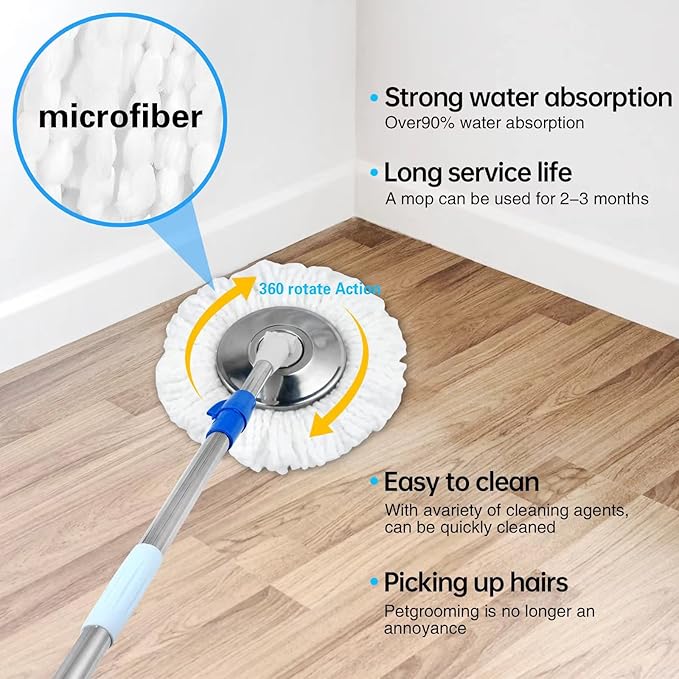 Spin Mop Bucket System, 360 Spin Floor Cleaning Mop Bucket with 3 Microfiber Replacement Head Refills Telescoping Handle for House Cleaning