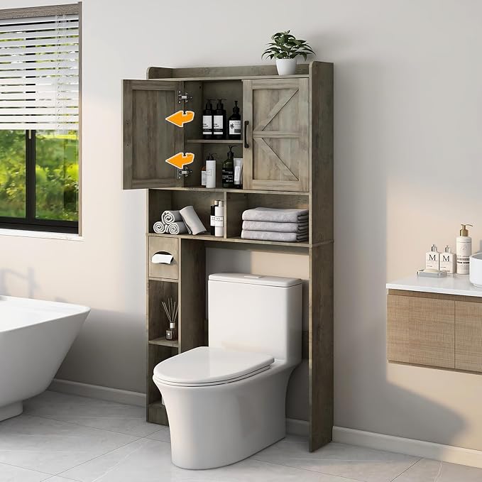 Vabches Over The Toilet Storage Cabinet with 2 Barn Doors, Grey | Farmhouse Storage Cabinet with Toilet Paper Holder Stand，Home Space-Saving Toilet Rack, for Bathroom, Restroom, Laundry