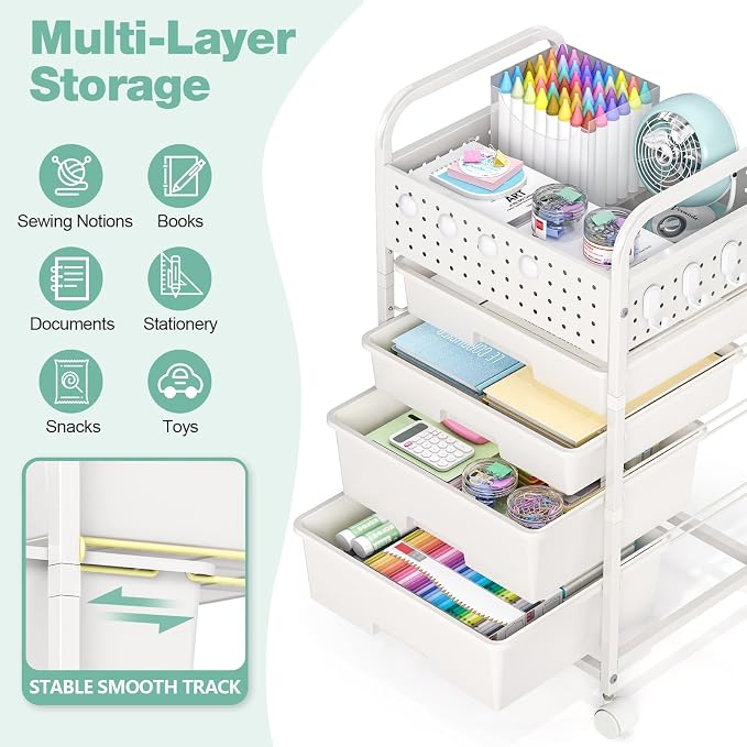 4 Drawer Rolling Storage Cart with Pegboard Top and Hooks, Mobile Organizer Cart with Wheels for Office Supplies, Craft Storage, Classroom Organization, Home Utility Cart, White