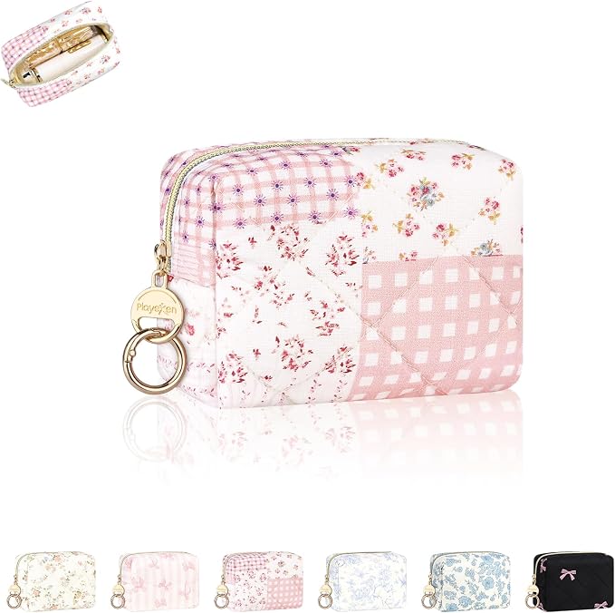 Quilted Mini Makeup Bag, Cute Small Cosmetic Bag for Purse, F-Pink | Floral Travel Makeup Pouch, Make Up Pouch for Women, Purse Organizer Pouches for Travel/ Gym/ Daily Use, Perfect Gifts