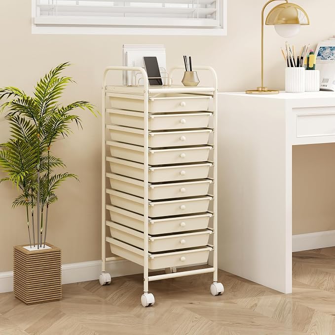 LDAILY 10 Drawer Rolling Storage Cart, Craft Organizer on Wheels, Drawer Cart with Metal Frame & Large Storage Capacity, Rolling Cart with Drawers for Living Room Classroom, Office