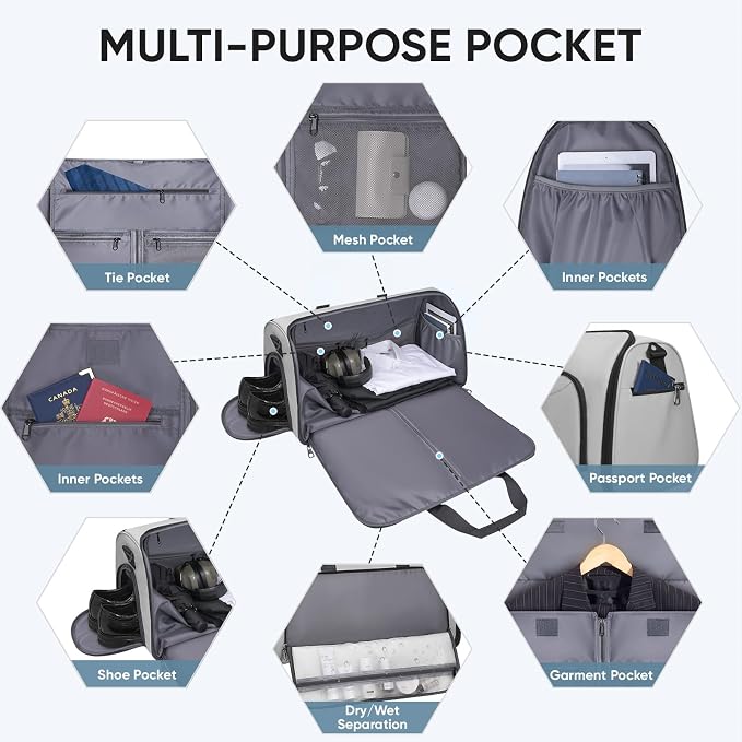BALEINE Travel Garment Bag, Travel Suit Bag for Men, Water Resistant Carry on Garment Bag for Hanging Clothes, Garment Duffel Bag for Travel Business (Gray-Convertible)