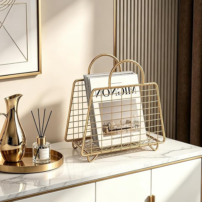 Gold Magazine Holder,Modern Magazine Rack Floor,Metal Wire Magazine Basket,Handbag Design Magazine Storage Organizer for Magazines File Book Newspaper Vinyl Record Albums