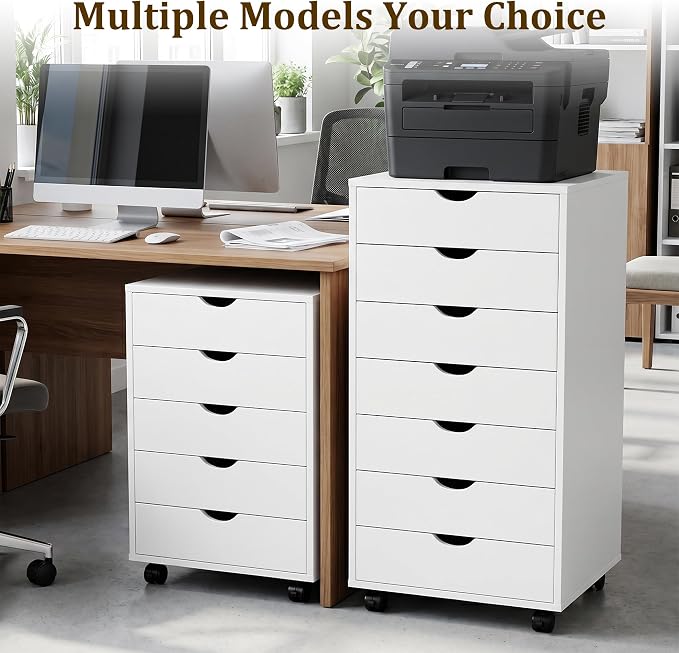 7 Drawer Mobile File Cabinet with Wheels, Office Storage Drawers, White | 7 Drawers Mobile File Cabinet with Wheels for Office Storage, Under Desk Organization and Printer Stand