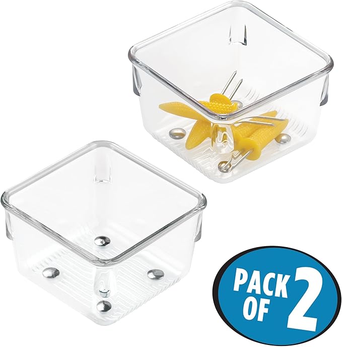 iDesign Linus Plastic Drawer Organizer, 3" x 3" x 2", Set of 2, Clear | Storage Container, For Vanity, Bathroom, Kitchen Drawers