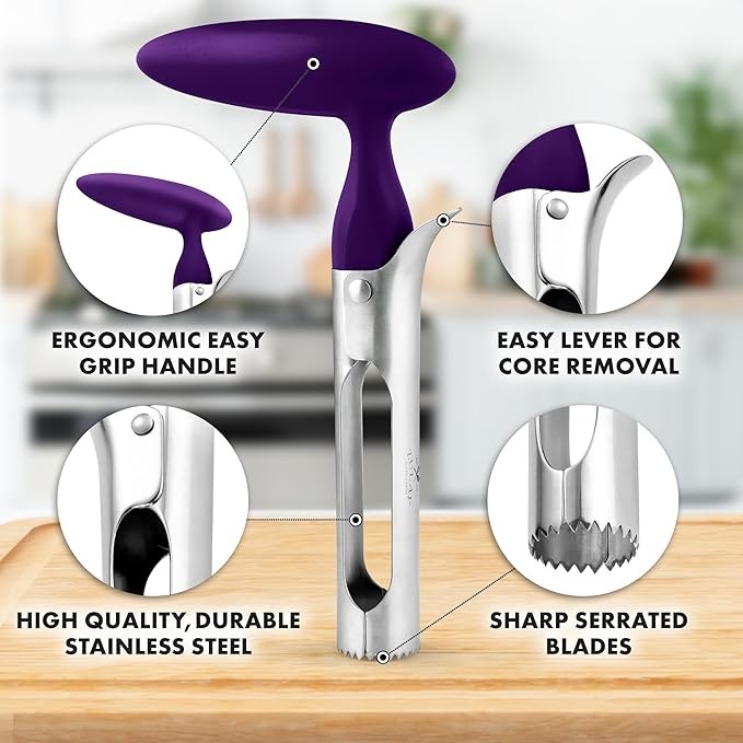 Zulay Kitchen Ultra Sharp Apple Corer Tool - Stainless Steel, Sharp & Serrated Blade Cores in Seconds - Easy to Use & Clean, Durable Apple Core Remover for Apples & Small Fruits - Purple