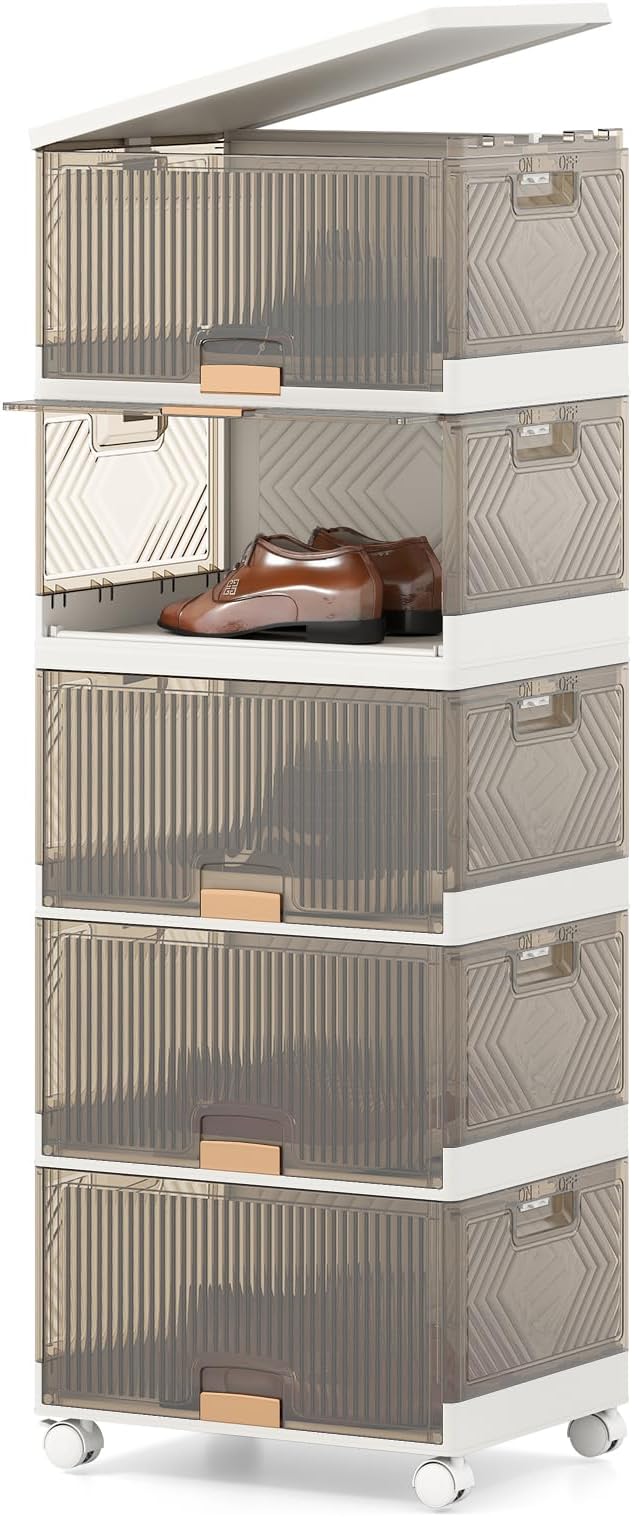 Giantex 5 Tier Stackable Storage Bins with Lids, 22.5 Gal Foldable Shoe Storage Box with Detachable Wheels & Flip-Up Doors, Collapsible Closet Organizers and Storage Bins