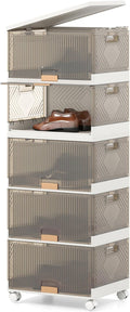 Giantex 5 Tier Stackable Storage Bins with Lids, 22.5 Gal Foldable Shoe Storage Box with Detachable Wheels & Flip-Up Doors, Collapsible Closet Organizers and Storage Bins