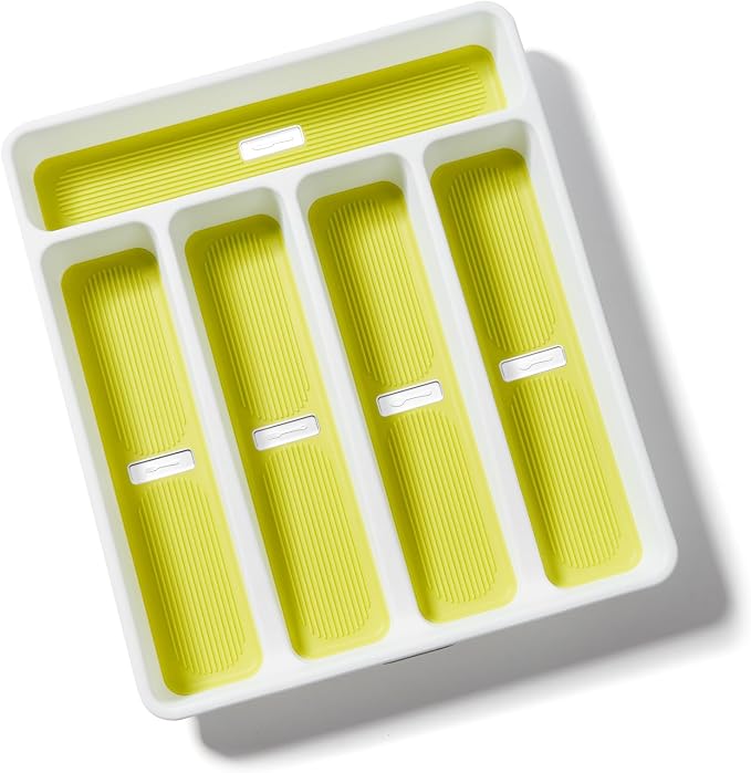 shopwithgreen Silverware Organizer with Cutlery Icons，Silverware Tray for Kitchen Drawer，Plastic Flatware Drawer Organizer Utensil Organizer with Non-slip TPR Linings，5-Compartment Silverware Caddy