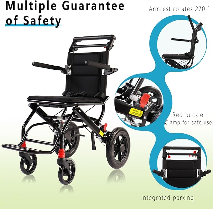 (Seat Width:16") Ultralight Lightweight Folding Wheelchair, Transport Wheelchair for Adults Support 220lbs with Foldable Pedals and Flip-Backs Arms, Handbrake & Storage Bag (12 inch PU Rear Wheel)