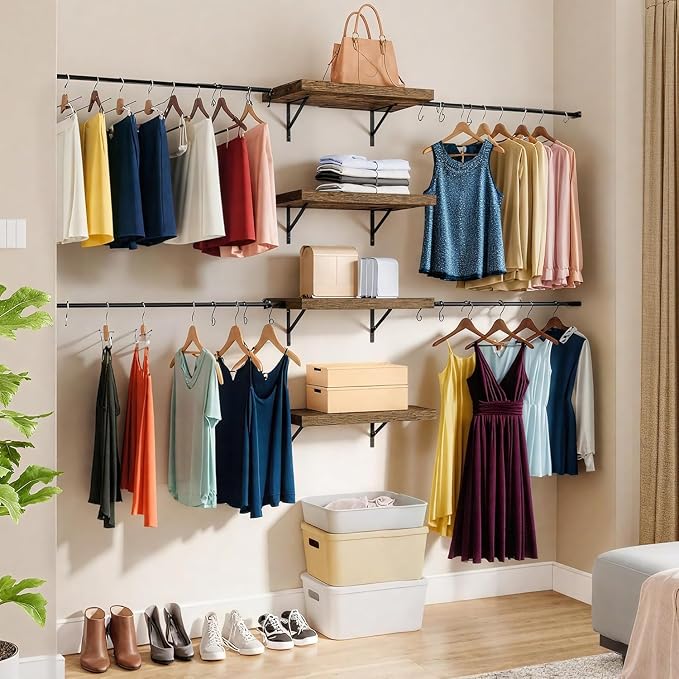 YITAHOME Wall-Mounted Closet System with Expandable Rod and Thickened Shelves – Adjustable Clothing Rack for Bedroom, Laundry Room and Cloakroom, Suitable for 2-8 Feets Space | Laundry Room and Cloakroom,Suitable for 2-8 Feets Space